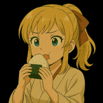 a girl with blonde hair and blue eyes is eating a rice ball