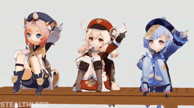 three anime characters are sitting on a wooden railing and the word stealthless is on the bottom