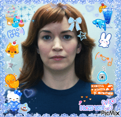 a woman in a blue shirt is surrounded by stickers and says i love you on the bottom