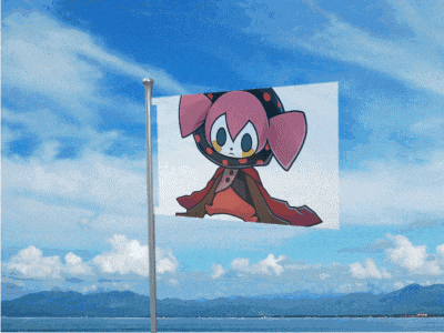 a flag with a picture of a cartoon character on it is flying in the wind