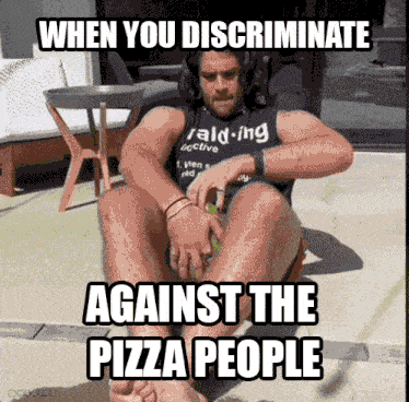 a man wearing headphones sits on a concrete surface with the caption when you discriminate against the pizza people