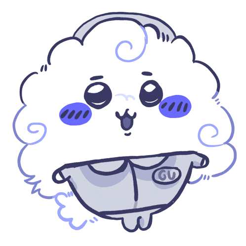a cartoon drawing of a sheep with the letter gu on its chest