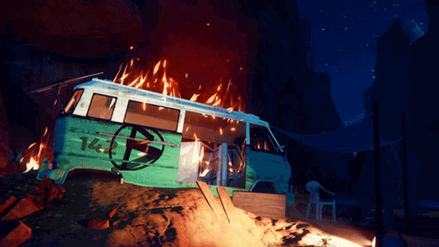 a green van with the number 14 on the side is on fire