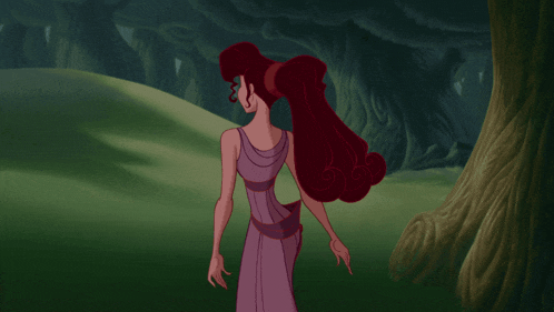 a woman in a purple dress is standing in a field with trees in the background