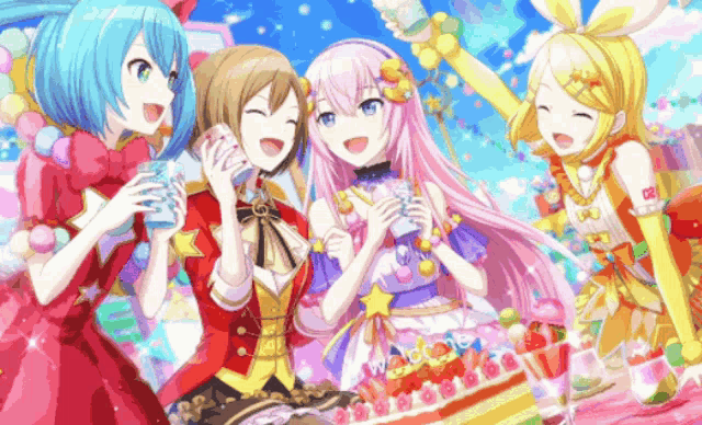 a group of anime girls are standing next to each other with a cake in the background that says " welcome "