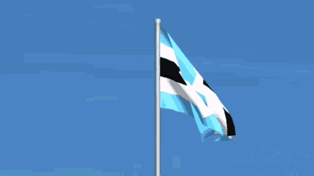 a blue and white flag with a black square on it