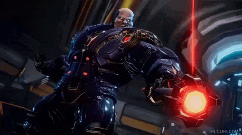 a video game character is holding a red object in his hand and says `` hi world '' .