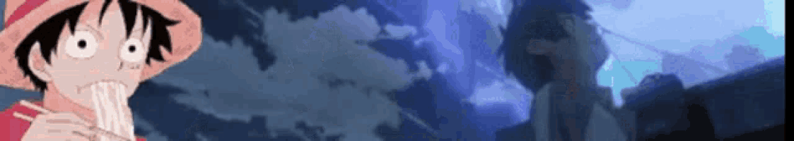monkey d luffy from one piece eating noodles in front of a cloudy sky