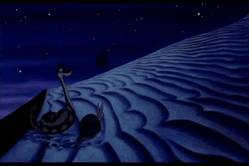 a group of cartoon cats are standing on a hill at night with a full moon in the background