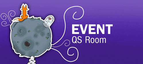 a purple background with the words event qs room in white letters