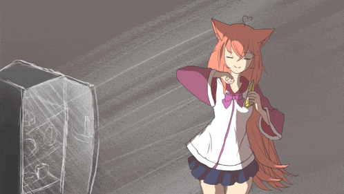 a drawing of a girl with a cat ear and long red hair