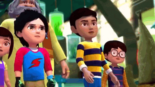 a group of children are standing next to each other in a cartoon .