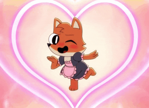 a cartoon fox in a maid outfit is surrounded by a pink heart