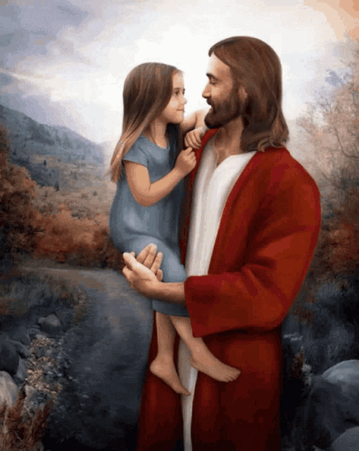 a painting of jesus holding a young girl in his arms