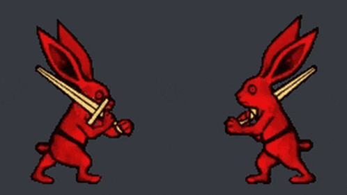two red rabbits holding crossed swords against a dark background