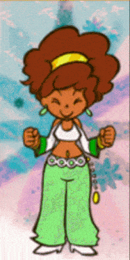 a cartoon drawing of a girl wearing green pants and a white top