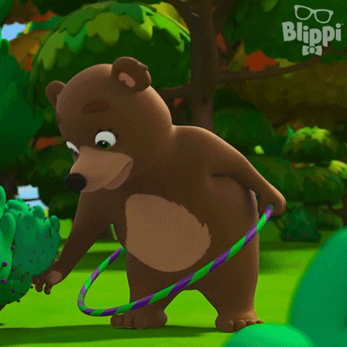a cartoon bear is playing with a hula hoop and a ball