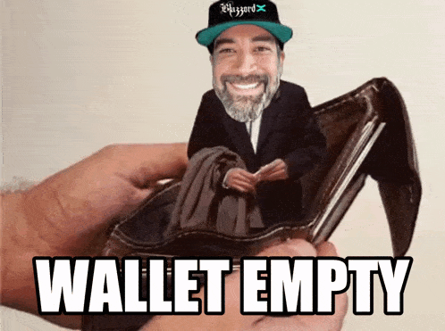 a man in a hat is sitting in an empty wallet that says wallet empty