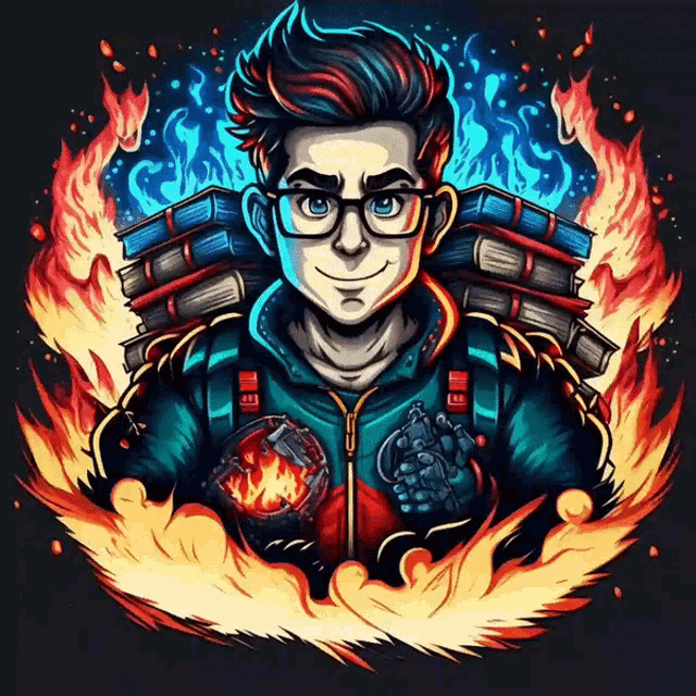 a cartoon drawing of a man with a backpack and books