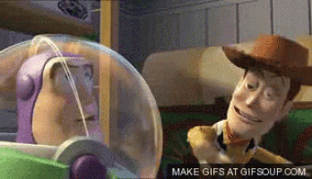 buzz lightyear and woody from toy story are talking to each other