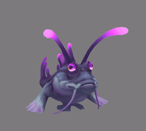 a cartoon frog with purple eyes and purple wings