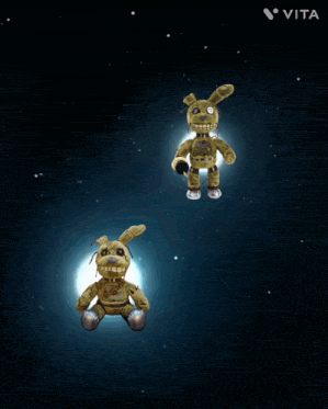 two stuffed rabbits are floating in the air with the vita logo in the upper right corner