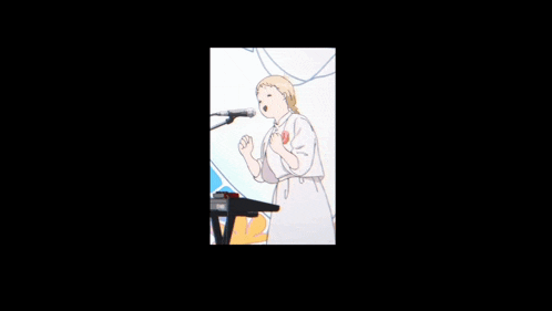 a woman with long black hair is singing into a microphone while wearing a blue shirt and tie