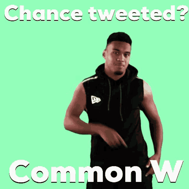 a man in a black sleeveless hoodie is pointing up with the words " chance tweeted " behind him