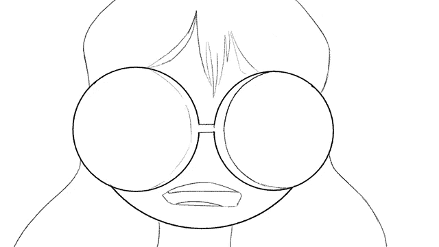 a black and white drawing of a girl wearing glasses