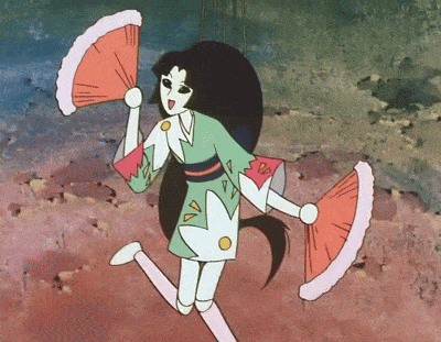 a cartoon drawing of a woman holding a fan