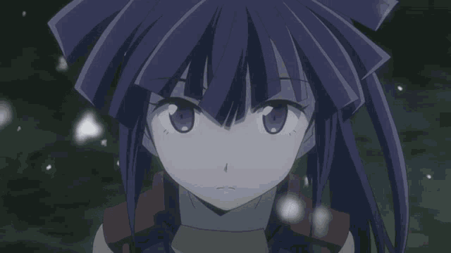 a girl with purple hair and blue eyes is looking at the camera