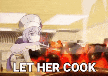 a cartoon of a girl in a chef 's hat cooking with the words let her cook below her
