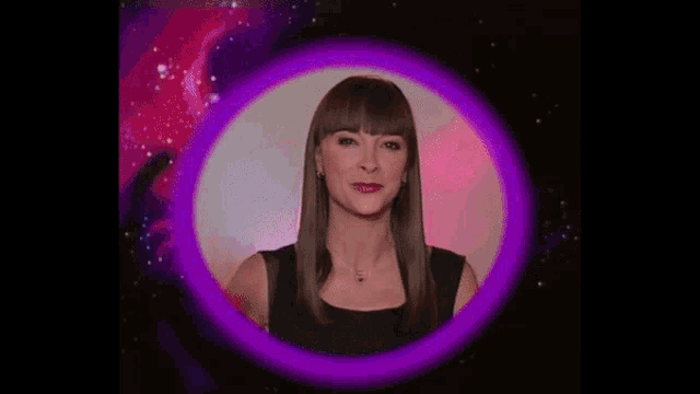 a picture of a woman in a purple circle with a red wristband