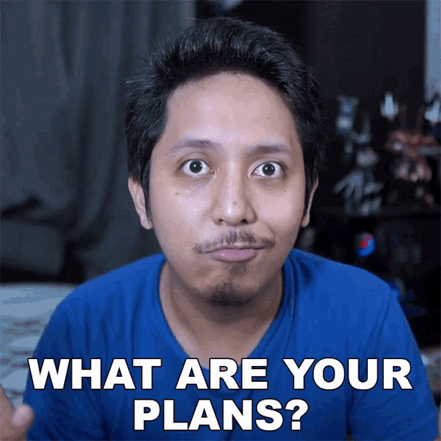 a man in a blue shirt says " what are your plans "