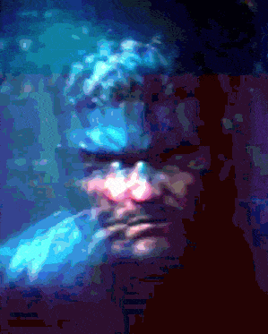 a blurry painting of a man 's face with a blue background
