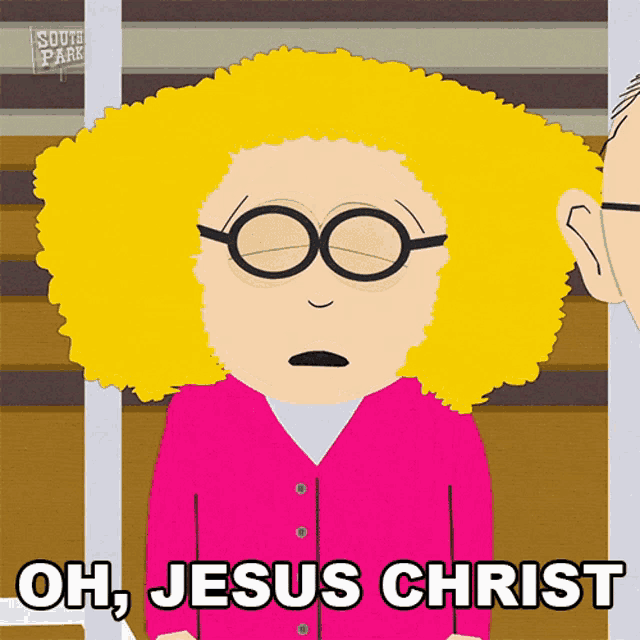 a cartoon character says oh jesus christ in a pink shirt