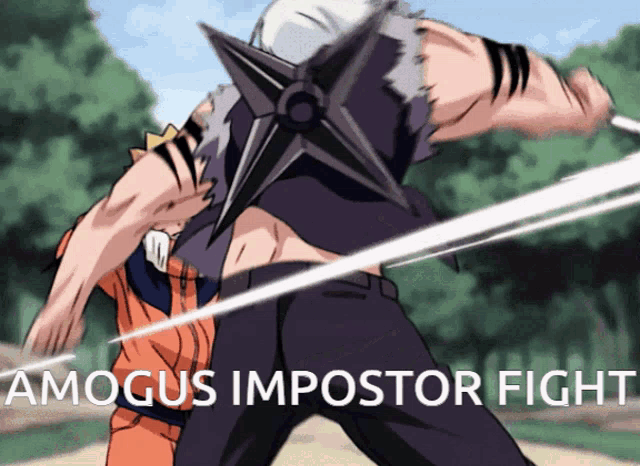 a cartoon of two men fighting with the caption " amagus impostor fight " on the bottom