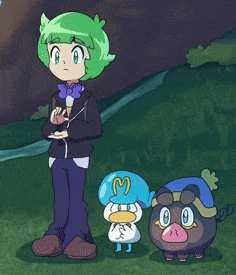 a boy with green hair is standing next to two cartoon characters one of which has a m on its hat