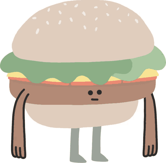 a cartoon illustration of a hamburger with arms and legs and a bite taken out of it