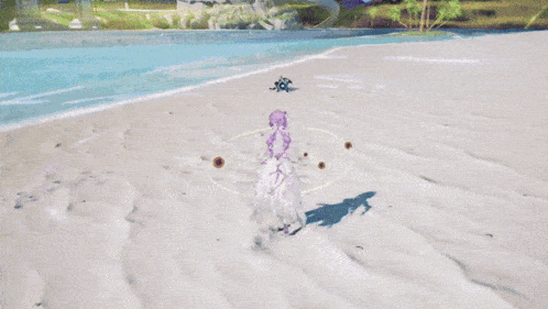 a woman in a white dress is standing on a beach with a purple background .