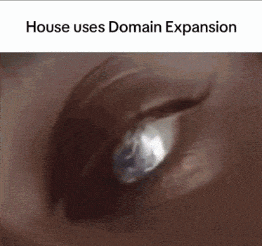 a close up of a woman 's eye with the words " house uses domain expansion " below it