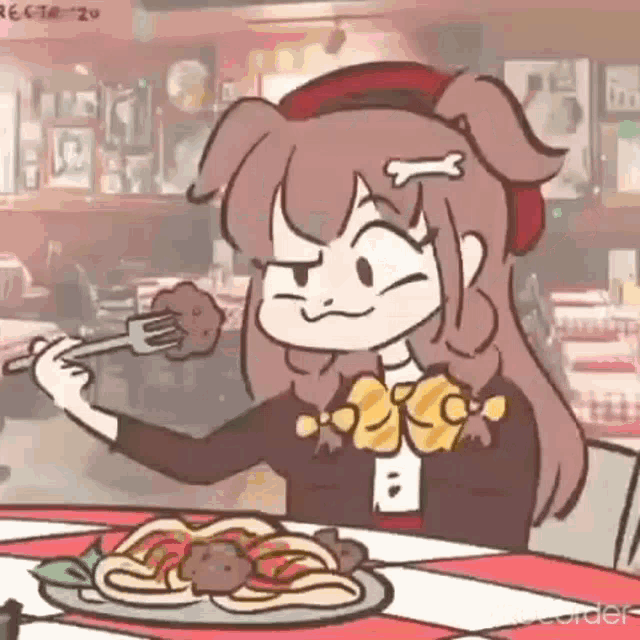 a cartoon girl is sitting at a table with a plate of spaghetti and meatballs .