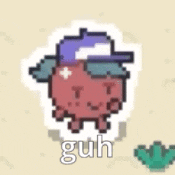 a pixel art sticker of a red apple wearing a blue hat and the word guh .