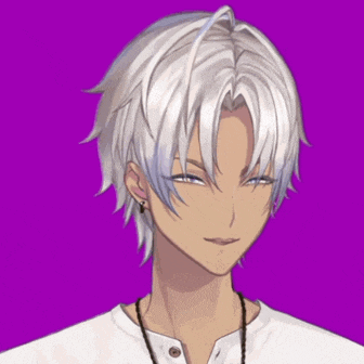 a man with white hair and blue eyes is wearing a white shirt and a necklace against a purple background .
