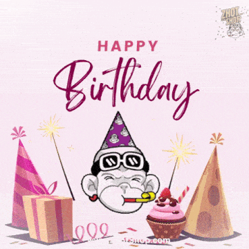a happy birthday greeting card with a monkey wearing a party hat