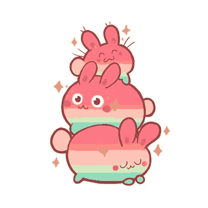 a bunch of pink rabbits are stacked on top of each other