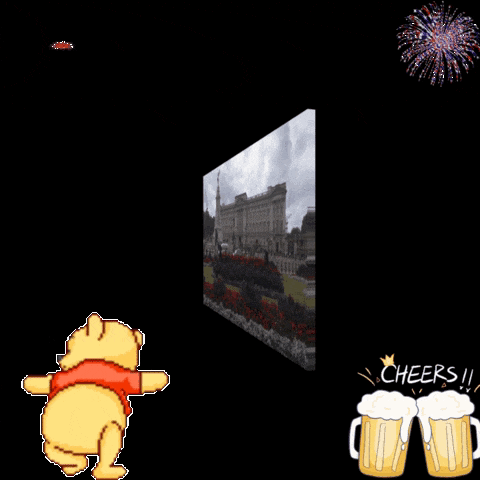 winnie the pooh is dancing in front of a large building