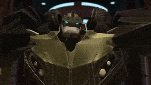a robot with blue eyes is standing in a dark room with its arms outstretched .