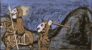 a cartoon of a man riding a horse with a spear and another man carrying a spear