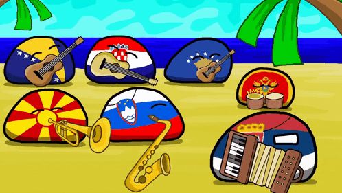a cartoon of a group of balls playing instruments on a beach